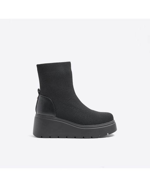 River Island Black Chunky Wedge Ankle Boots
