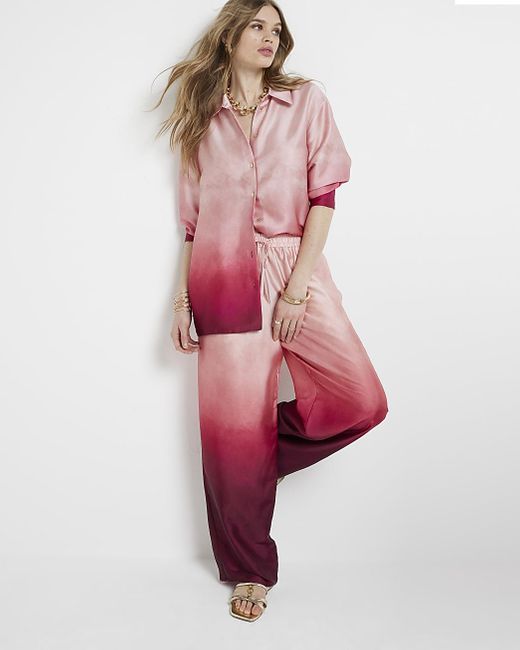 River Island Pink Satin Ombre Wide Leg Trousers
