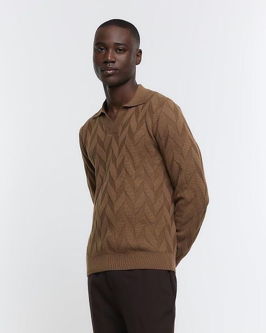 River Island Brown Slim Fit Textured Knit Long Sleeve Polo for men