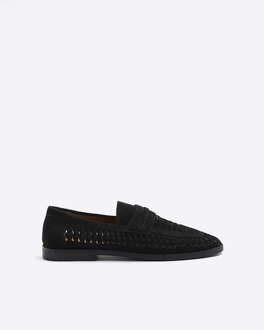 River Island White Black Suede Woven Loafers for men