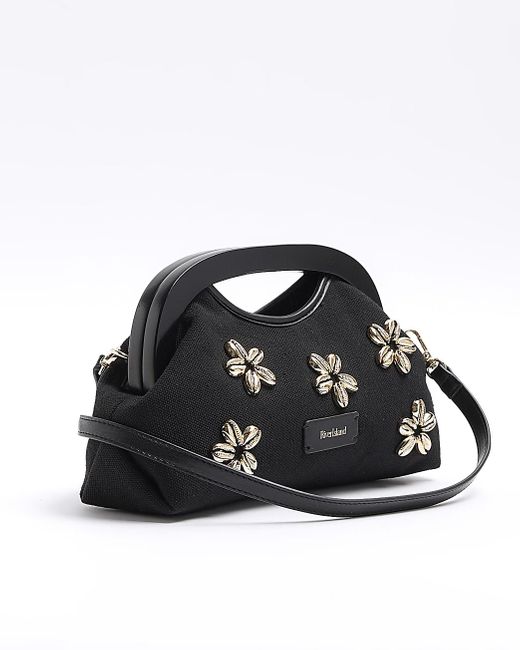 River Island Black Floral Shell Embellished Clutch Bag