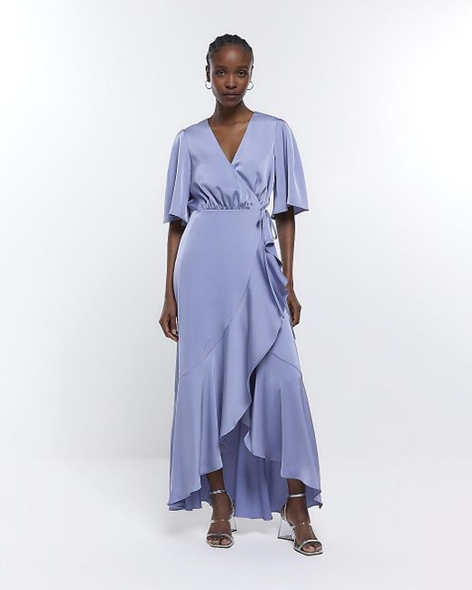 River Island Bridesmaid Waterfall Wrap Maxi Dress in Blue Lyst