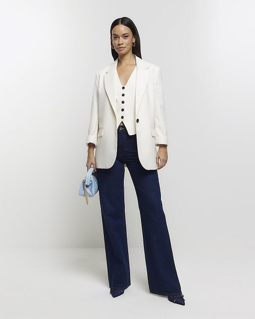 River Island White Rolled Sleeve Relaxed Blazer