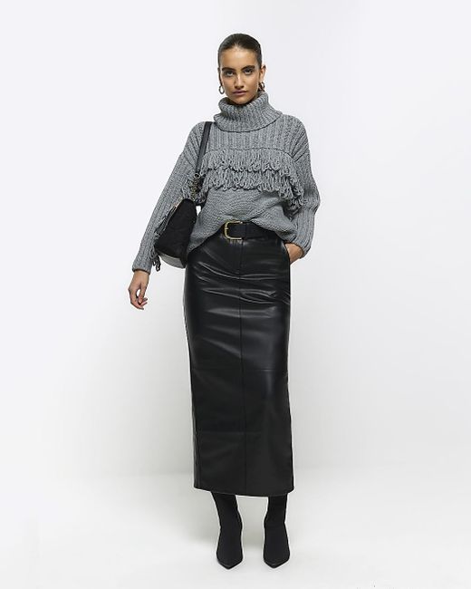 River Island Multicolor Black Faux Leather Belted Midi Skirt