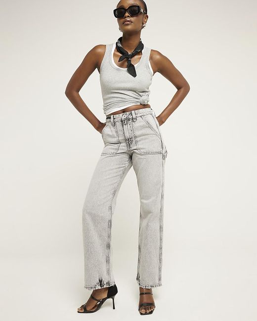 River Island White Relaxed Straight Cargo Jeans