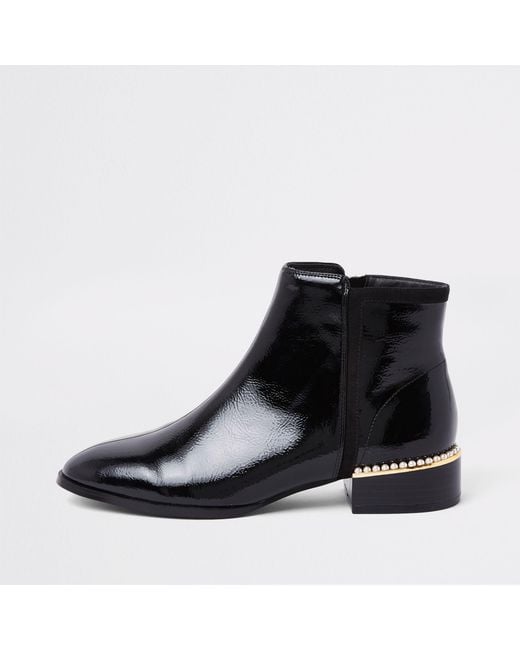 River Island Black Patent Leather Pearl Trim Ankle Boots | Lyst