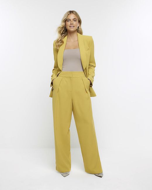 River Island Yellow Pleated Wide Leg Trousers
