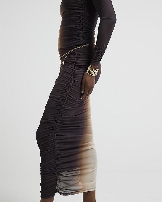 River Island Natural Brown Mesh Ombre Ruched Maxi Skirt