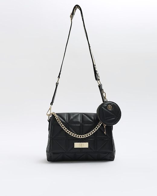 River Island branded quilted cross body bag in black