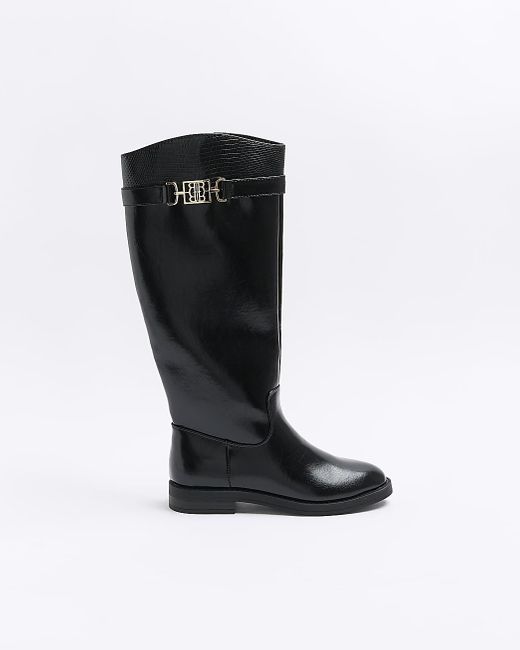 River Island Buckle Knee High Boots in Black Lyst