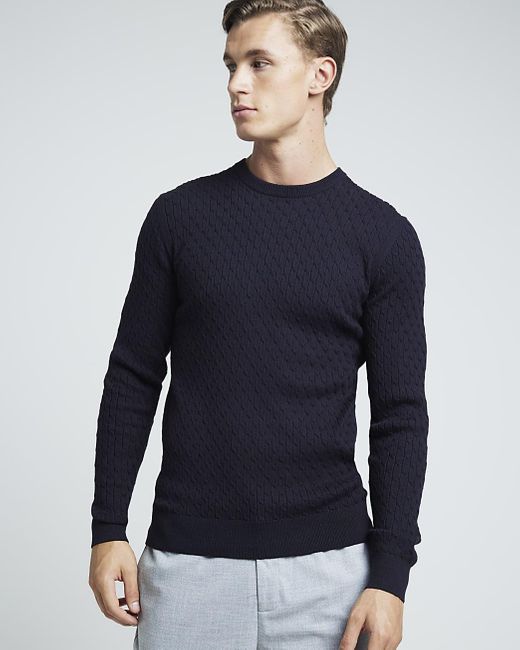 River Island Blue Muscle Fit Cable Knit Jumper for men