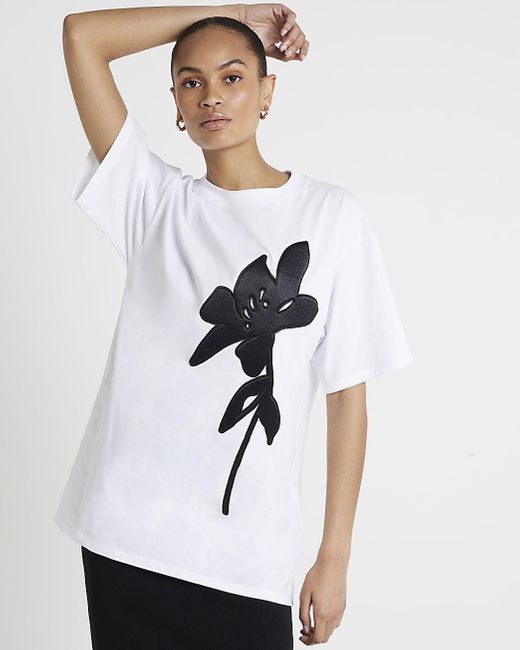 River Island White Lily Applique Boyfriend T-shirt