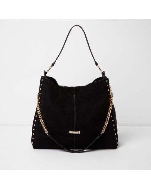 River Island Synthetic Black Studded Oversized Slouch Chain Bag | Lyst