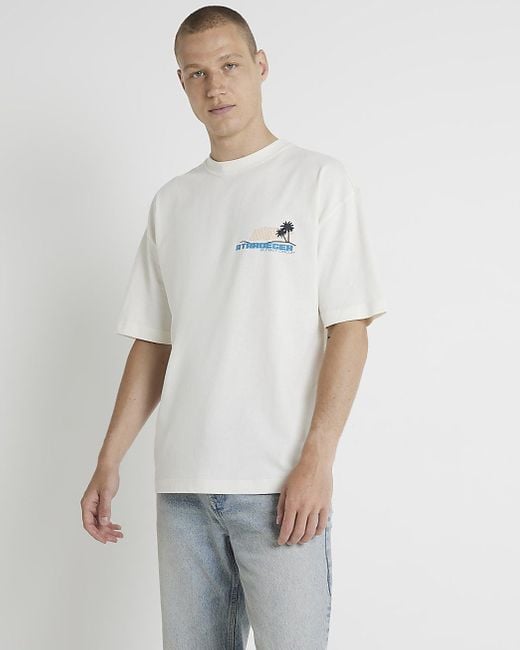 River Island White Beige Oversized Fit Sunset Graphic T-shirt for men