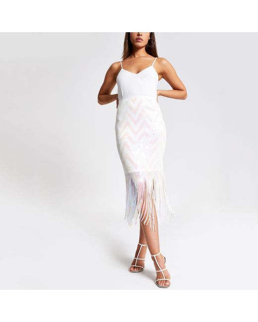 River Island Synthetic White Sequin Tassel Pencil Skirt Lyst