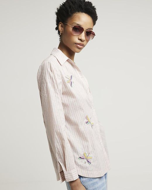 River Island Natural Pink Stripe Embroidered Shirt