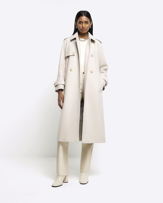 River Island White Brown Belted Longline Trench Coat