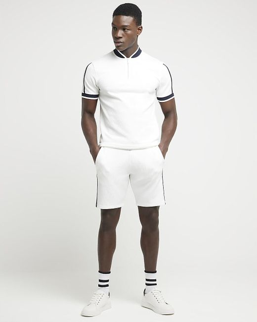 River Island White Slim Fit Textured Taped Shorts for men