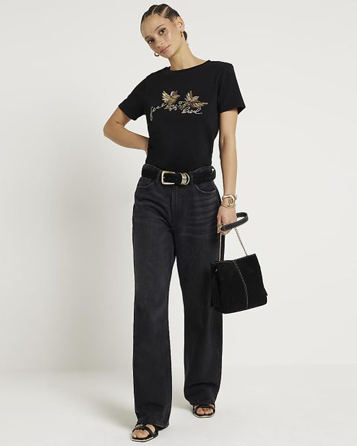River Island Black Sequin Embroidered T-shirt