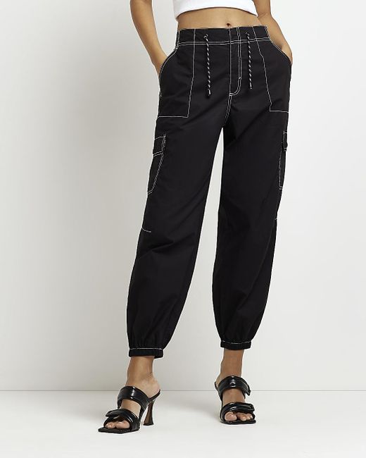 River Island Blue Black Mid Rise Tapered Parachute Trousers