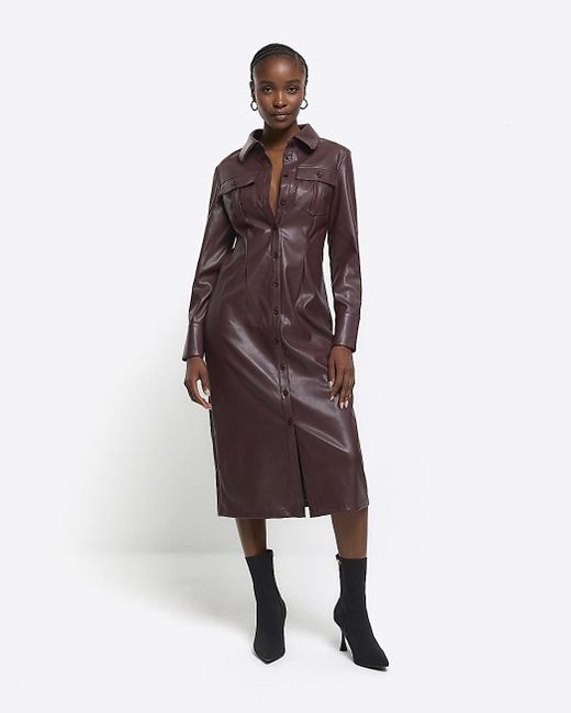 River Island Brown Red Faux Leather Midi Shirt Dress