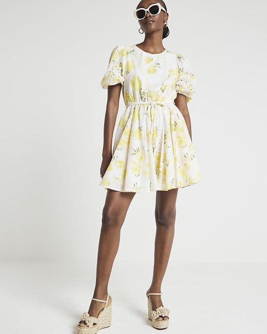 River Island Natural Yellow Floral Puff Sleeve Swing Mini Dress