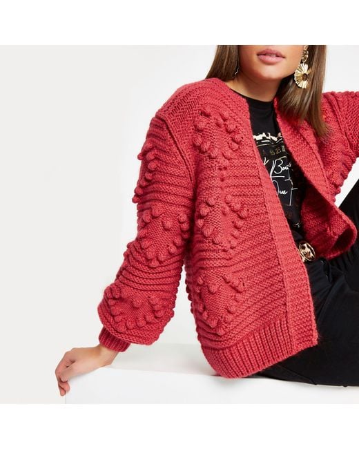 River Island Red Heart Bobble Chunky Knit Cardigan