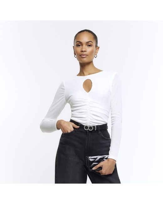 River Island White Ruched Cut Out Long Sleeve Top