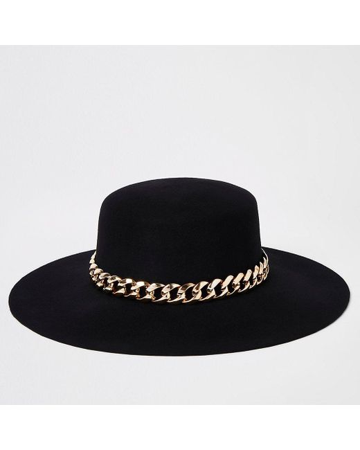 River Island Black Gold Chain Trim Fedora Hat