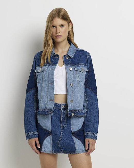 River Island Blue Patchwork Denim Jacket Lyst UK