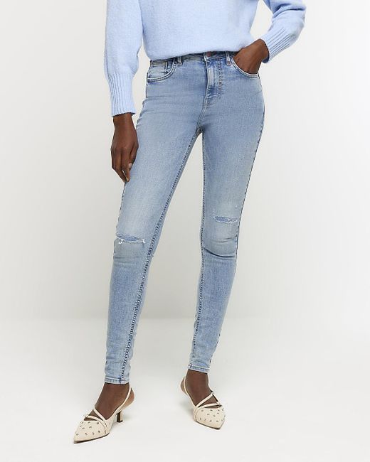 River Island Blue High Waisted Ripped Skinny Jeans