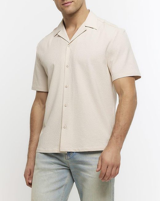 River Island Natural Beige Regular Fit Seersucker Revere Shirt for men