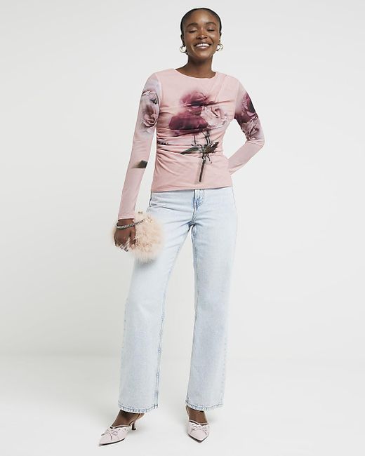River Island White Pink Chiffon Floral Long Sleeve Top