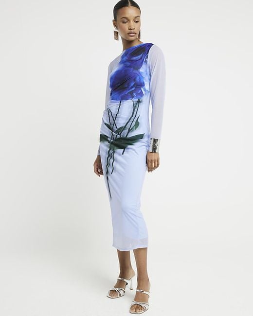 River Island Blue Mesh Floral Bodycon Midi Dress