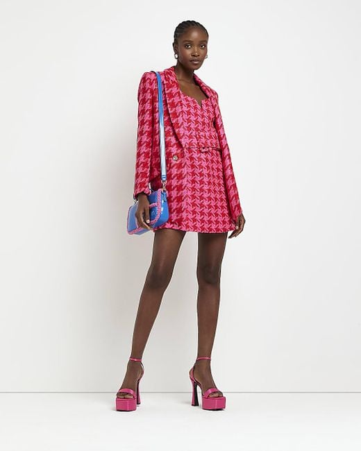 River Island Dogtooth Boucle Blazer in Red Lyst