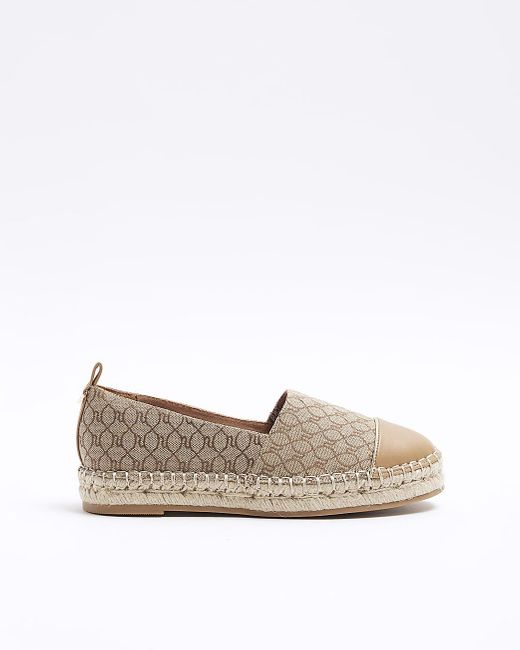 River Island White Brown Wide Fit Monogram Espadrille Shoes