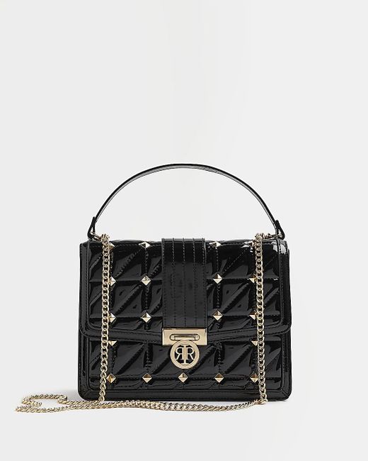 River Island Patent Quilted Stud Shoulder Bag in Black Lyst