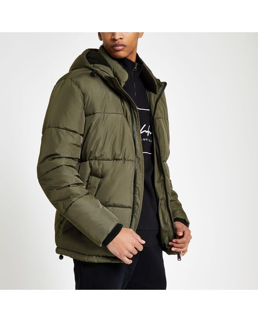 River Island Green Prolific Hooded Puffer Jacket for men