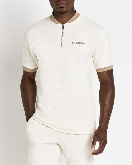River Island Ecru Slim Fit Textured Zip Polo Shirt in Beige (Natural