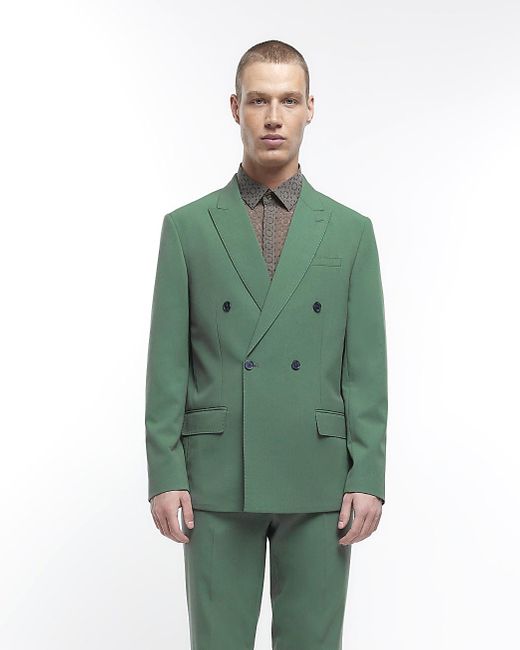 River Island Green Double Breasted Suit Jacket for men