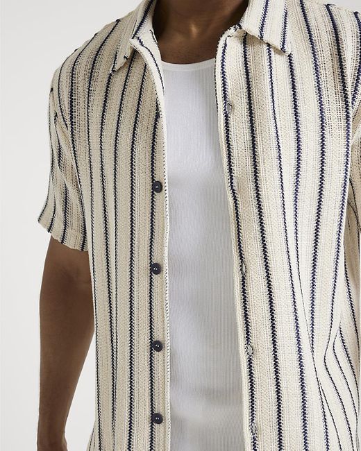River Island White Beige Regular Fit Crochet Stripe Shirt for men