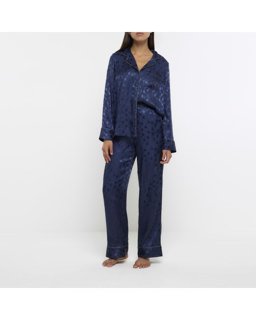River Island Blue Navy Jacquard Star Pyjama Trousers