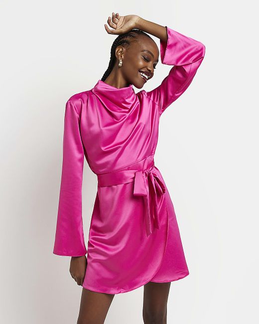 River Island Pink Satin High Neck Mini Dress | Lyst