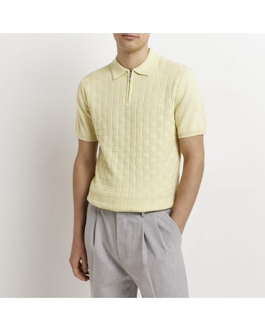 River Island Yellow Slim Fit Textured Knit Polo Shirt for men