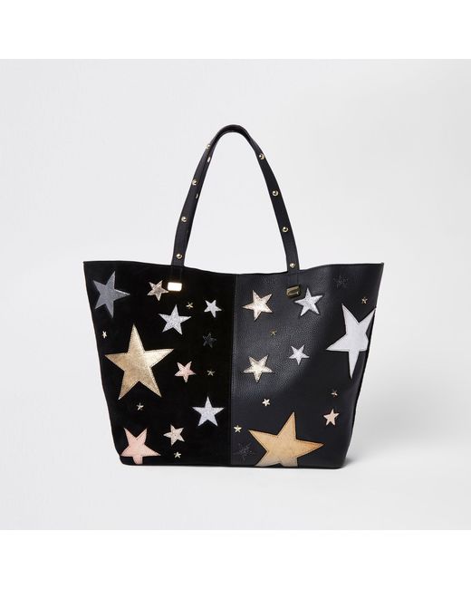 River Island Black Leather Star Embroidered Tote Bag