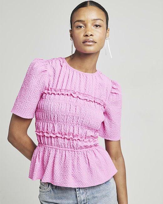 River Island Shirred Peplum Top in Pink Lyst UK