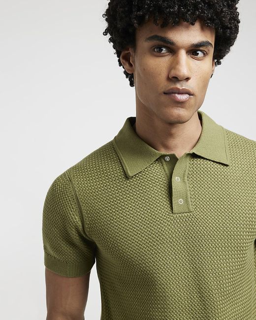 River Island Green Slim Fit Textured Knit Polo for men
