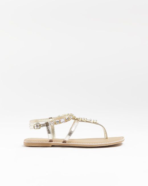 River Island White Multi Colour Leather Embellished Flat Sandals