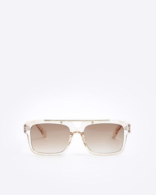 River Island White Gold Brow Bar Square Sunglasses for men