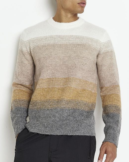 River Island Stone Fluffy Knit Colour Block Jumper in Gray for Men Lyst